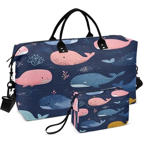 Travel Duffle Bag Weekender Bags Overnight Bag with Toiletry Bag Gym Duffel Bag Pink Yellow Whale Coral for Travel Business Trips Sport
