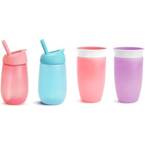 Munchkin® Simple Clean™ Toddler Sippy Cup with Easy Clean Straw, 10 Ounce, 2 Pack, Pink/Blue & Miracle® 360 Toddler Sippy Cup, Spill Proof, 10 Ounce, 2 Pack, Pink/Purple