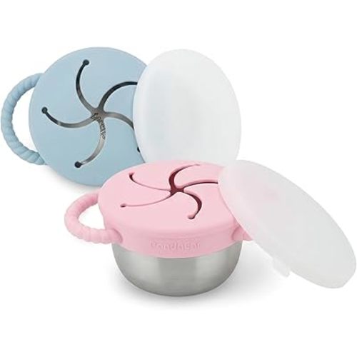 PandaEar 2 Pack Stainless Steel Toddler Snack Cups, Spill Proof Snack Containers with Silicone Food Catcher & Handles, 9 oz Baby Snack Cup Holder with Lid for Kids, Dishwasher Safe (Blue & Pink)