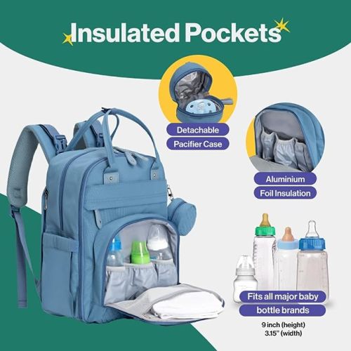 BabbleRoo Diaper Bag Backpack - Baby Essentials Travel Tote - Multi function Waterproof Diaper Bag, Travel Essentials Baby Bag with Changing Pad, Stroller Straps & Pacifier Case - Unisex, Light Blue - Polyester