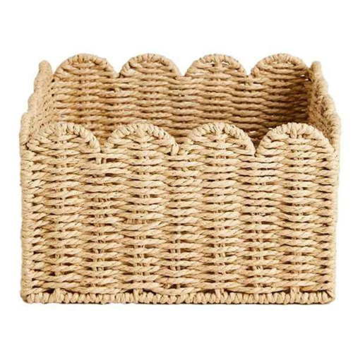 Scalloped Edge Basket, Wicker Storage Baskets,Handwoven Organizing Baskets for Shelves, Paper Rope Design