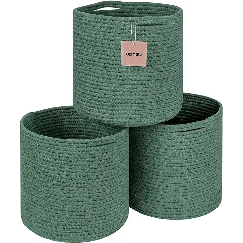 voten Storage Cubes Baskets Bins Organizer 11x11x11'' Fit 12x12''Cube Storage Organizer Bookcases Shelf,Durable Woven Cotton Storage Basket for Organizing,Round 3Pack Green