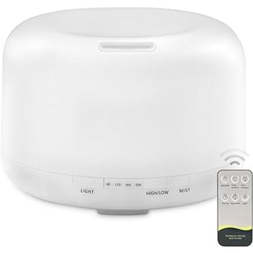 Oil Diffuser, 500ml Essential Oil Diffusers, Aromatherapy Diffuser with 2 Mist Mode 4 Timers&7 Ambient Light Waterless Auto Off, Diffusers Large Room Home Office