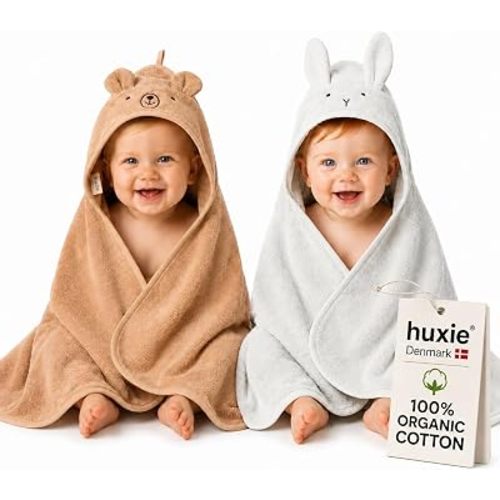 Hooded Baby Towels – 100% Organic Cotton Baby Bath Towels – Baby Boy Newborn Essentials - Super-Soft and Absorbent. (2-Pack Rabbit Pearl Grey and Bear Natural)