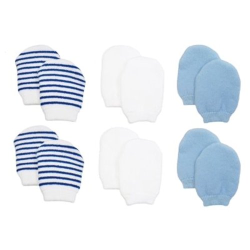 Newborn Baby Boy No Scratch Cotton Mittens Variety Pack (Includes 2 Pairs White, 2 Pairs Blue, 2 Pairs Blue Stripes)