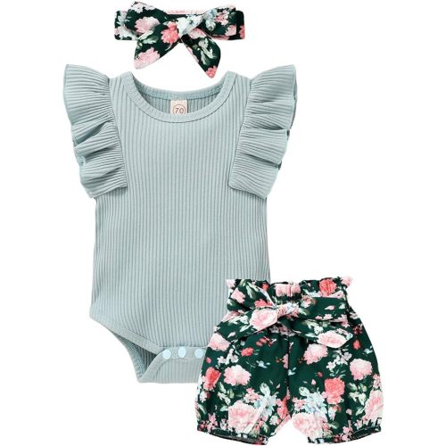 Tiny Cutey Baby Girl Clothes Infant Summer Outfits Set Ruffle Sleeve Romper and Floral Shorts with Headband