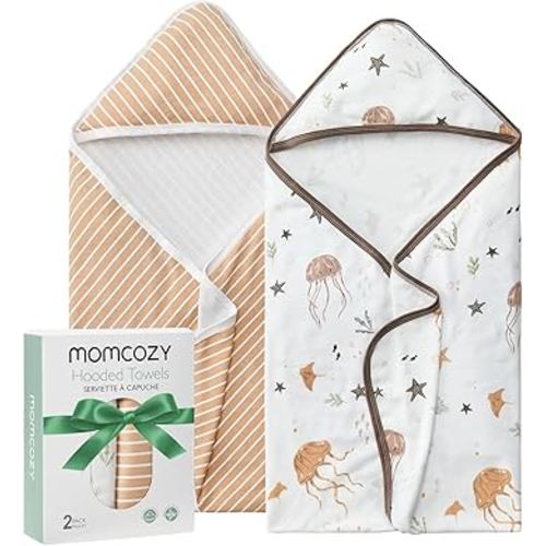 Momcozy Baby Towel with Hooded-2 Pack Soft Bath Towel Set-Shower Gifts or Bath Essential for Infant,Newborn, Toddler (28 X 28 Inch, Ocean Whimsy)