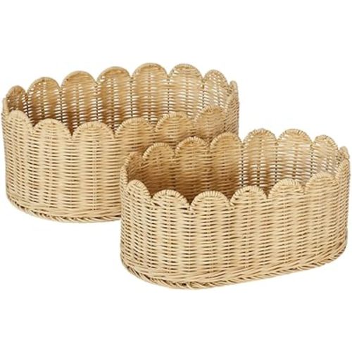 Premium Scalloped Basket Set Of 2 - Scallop Basket - 16 x 10 x 7 Inch - Hand-Woven Elegant Wicker With Scalloped Edge - Nursery Storage (Natural)