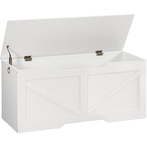 HOOBRO Storage Bench, 43.3” Retro Wooden Storage Chest with U-Shaped Cut-Out Pull, Safety Hinge, Supports 220 lb and Easy Assembly for Toy Box Organizer (White) WT772CW01