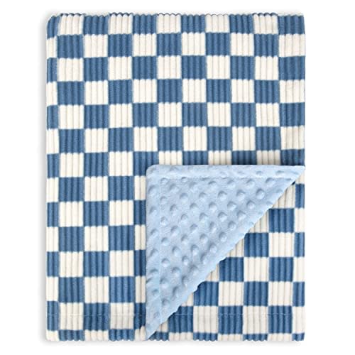 BEILIMU Baby Blanket for Boys Girls 3D Checkerboard Grid Ultra- Soft Cozy Corduroy Toddler Blanket for Kids Stripe Chessboard Plaid Design Receiving Blanket Blue 30 x 40 Inches