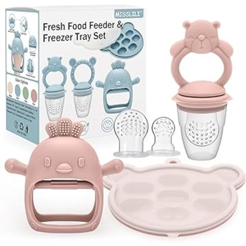 3 Pack Baby Fruit Food Feeder & Freezer Tray Set and Silicone Teething Toy for Babies, BPA Free Infant Teething Relief Toy for 3+ Months, Additional Silicone Sacs - Bear Pink
