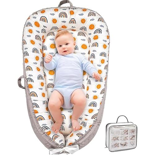 Baby Lounger, Ultra Breathable Soft Cotton Perfect for Tummy Time, Portable & Adjustable Infant Floor Seat for Traveling | Newborn Shower Gift(Ao Rainbow)