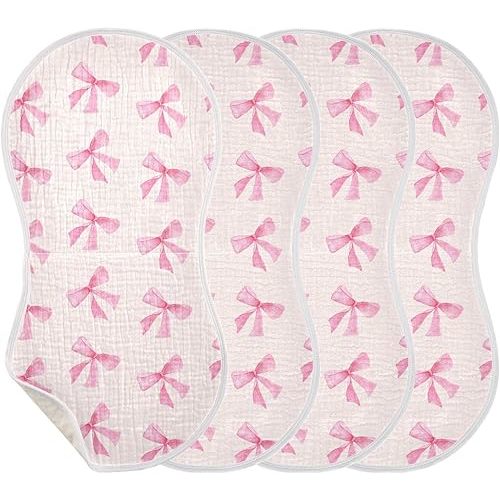 Burbuja Pink Bow Muslin Baby Burp Cloths, Soft & Absorbent Cotton Burping Rags for Newborn Boys & Girls, 4 Pack