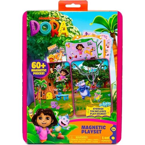 Dora Magnetic Playset, 75 Characters & Accessories, Reusable Storage Tin and Play Scene, Fun Toddler Toys, Mess Free Airplane Toy, Travel Games & Road Trip Essentials, 4 Year Old Girl Birthday Gifts