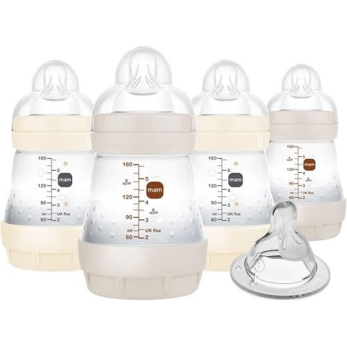 MAM 5oz Easy Start Anti-Colic Baby Bottles, Slow Flow with Bonus Medium Flow Nipple, Reduces Colic, Gas, & Reflux, Easy-to-Clean, BPA-Free, Baby Bottles for Newborns, 0-3 Months