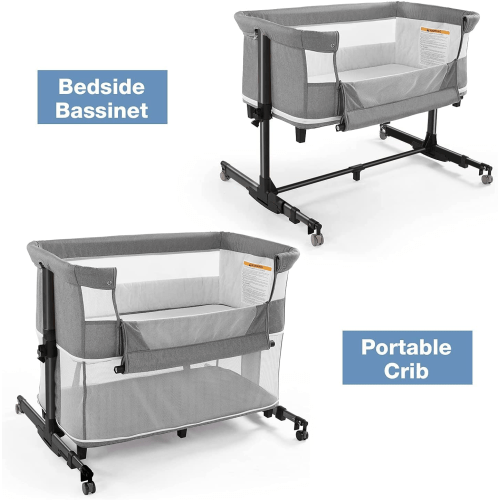 NEWLAKE Baby Bassinet 4 in 1 Bedside Crib Adjustable Bedside Sleeper Portable Bed for Infant, Gray