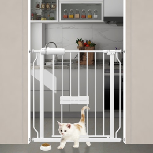 Fairy Baby Baby Safety Gate with Cat Door,24"-29" Extra Wide Pressure Mount Pet Gate White Metal