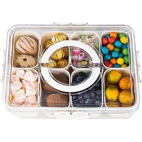 Amzcku Divided Serving Tray with Lid and Handle - Snackle Box Charcuterie Container for Portable Snack Platters - Clear Organizer for Candy, Fruits, Nuts, Snacks - Perfect for Party, Entertaining