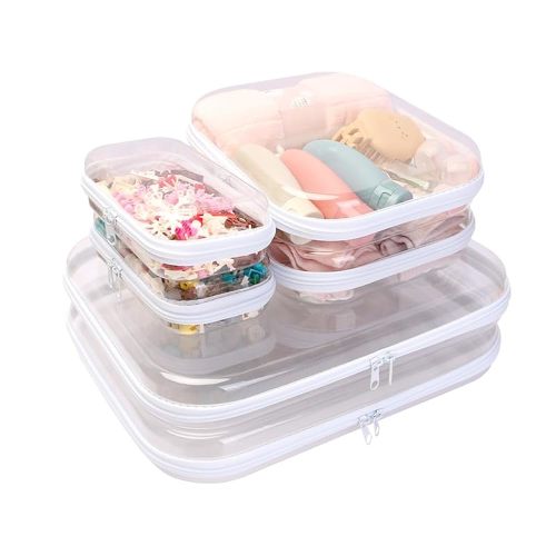 3PCS Clear Zipper Cases, Portable Clear Organizer Pouches for Travel, Double Zippered Hard Shell Plastic Case, Cosmetic Bag for Make Up Tools, Toiletries, Toy Storage(White,2 Pack)