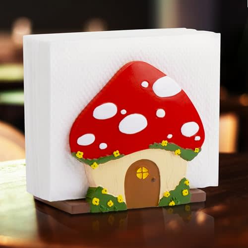 Mushroom Kitchen Napkin Holder Decor - Cute Red Unique Vintage Retro 70s Napkin Holder for Tissue, Cocktail and Paper Napkins - Cool Whimsical Funny Gnome Frog Boho Rustic Picnic Countertop Dishes