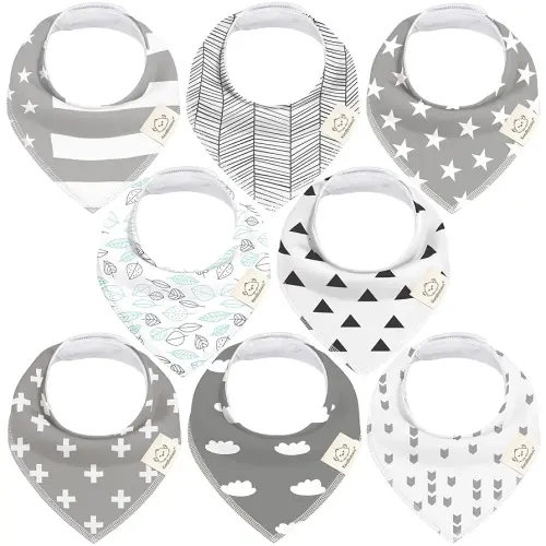 8-Pack Organic Baby Bandana Bibs for Boys, Girls - Super Absorbent Triangle Baby Bibs for Drooling and Teething Infant, 100% Cotton Extra Soft for Newborn, Infant 0-36 Months(Grayscape)