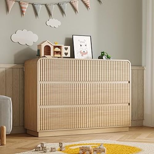 BORNOON Dresser for Bedroom with 6 Drawers, Fluted Chest of Drawers with Round Curved Corner, Hidden Handles, Modern Wood Storage Organizer for Bedroom, Nursery, Living Room
