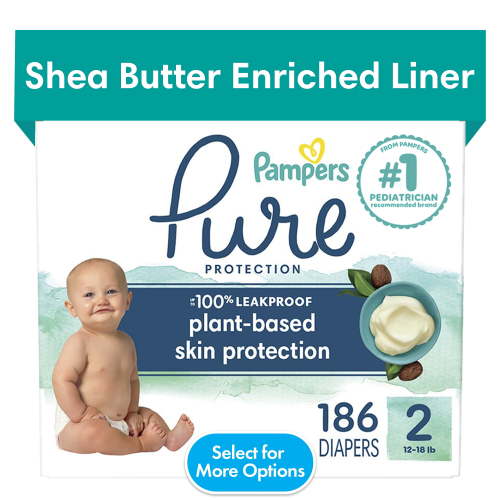Pampers Pure Protection Diapers Size 2, 186 Count - Hypoallergenic, Shea Butter Enriched, 12 Hour Leakage Protection