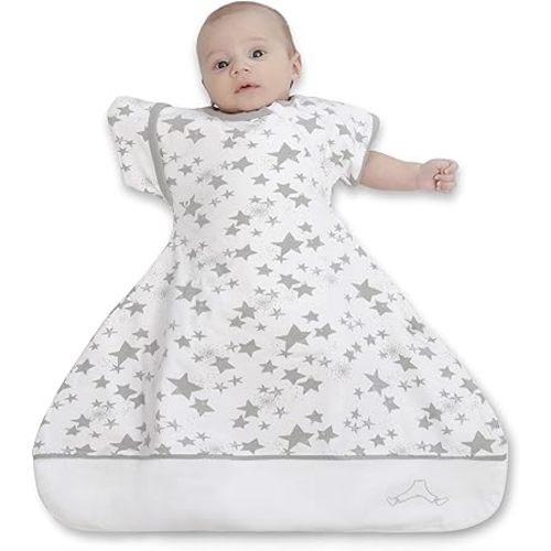 Swaddle Sack with Arms Up, Allows Babies Hips to Move Freely, fits Newborn Babies 0-6 Months, 8-18 lbs, Arms in/Out Transition, Baby Sleep Sack, Organic Cotton, White With Gray Stars