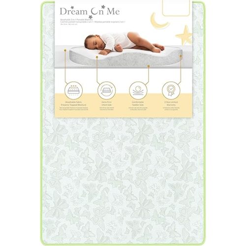 Dream On Me 2-in-1 Breathable Two-Sided 3" Portable Crib Mattress | Waterproof Cover | Dual Sided | Fits Portable/Mini Cribs | Fiber Core | Promotes Airflow, 1 Count (Pack of 1)