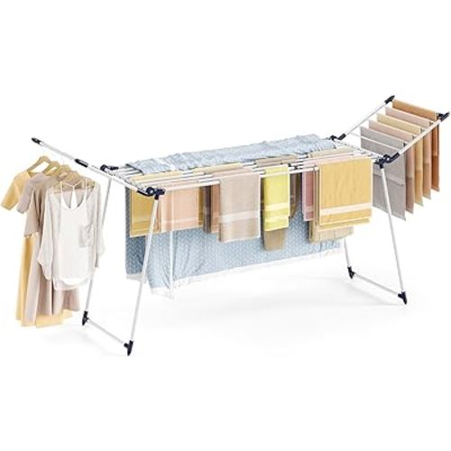 APEXCHASER Clothes Drying Rack Foldable, Large Drying Rack for Clothing Retractable, Winged Laundry Rack Folding Indoor Outdoor, Metal Clothes Airer for Bedding Towel Sweater Heavy Duty, White