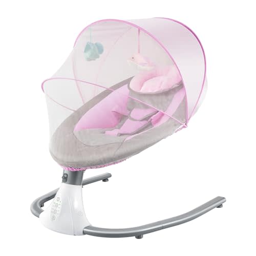 DEIGEHJRE Electric Baby Rocking Chair Bed, with Removable Dolls, Bluetooth Baby Crib Cradle with Remote Control & Music, Folding Baby Rocking Chair,Gray/Blue/Pink (Pink)