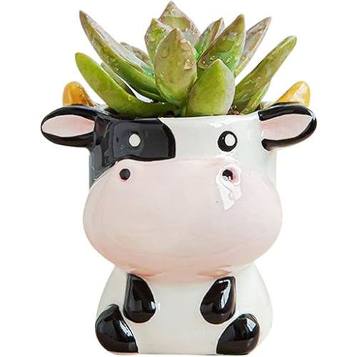 DIYOMR Cute Animal Ceramics Planter Small Succulent Pot Cartoon Shaped Plant Pot for Mini Plants Flower Cactus, Smooth Shiny Ceramic - Plants Not Included (Cow)