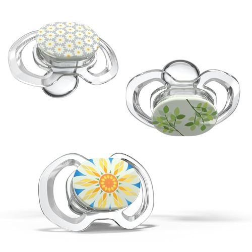 Smilo Baby Pacifier - 3 Pack of Slimline Pacifiers for Babies - Stage 3 for Babies 9+ Months - 100% Silicone Pacifier and BPA Free - Glow in The Dark - Spring Sunflower Edition