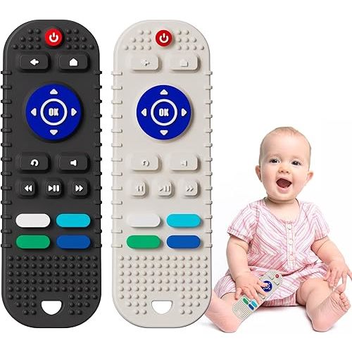 2 Pack Soft Silicone Teething Toys for Toddlers, Babies, Boys, Girls, 6-12 Months Baby Remote Control Shape Molar Teether Chew Toys Set Gift（Black+Grey）