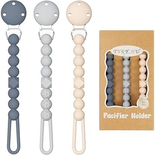 TYRY.HU Pacifier Holder Clip with One Piece Beads for Baby Boys and Girls, 3 Pack Soft Flexible Rust-Free Binky Clips with Texture for Teething, Baby Essentials, Keeps Pacifier Clean, Safe for Newborn