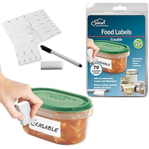Jokari Label Once Erasable Food Labels with Marker and Eraser Reusable Removable Adhesive Labels for Kitchen Storage Freezer Dishwasher and Microwave Safe 70 Pack