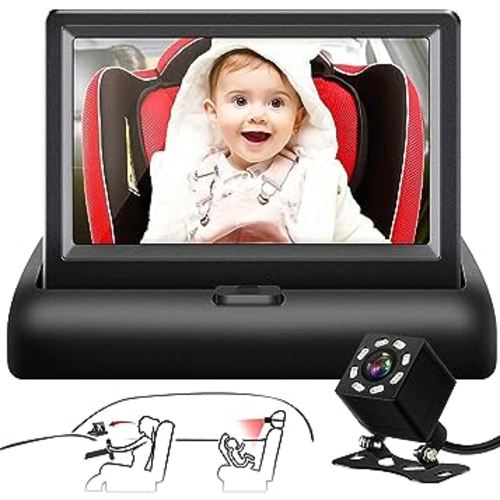 Baby Car Mirror, Shybaby 1080P Camera Monitor with Handbell Toy, 4.3'' HD Wide View Seat Mirror Night Vision Function to Observe Baby's Every Movement While Driving, Black, YB-302BM
