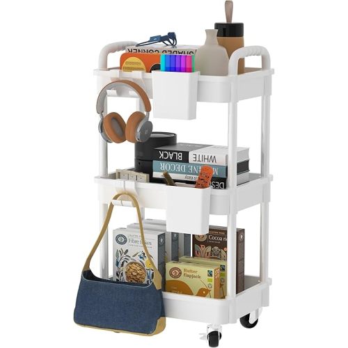 3-Tier Storage Cart with Lockable Caster Wheels, Multifunctional Utility Rolling Cart, Mobile Shelving Unit, Perfect for Kitchen, Bathroom, Office, Garage（White）