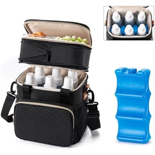 Breastmilk Cooler Bag with Ice Pack Fits 6 Baby Bottles Up to 9 Ounce, Expandable Double-layer Leak-Proof Cooler Bag with Shoulder Strap for Nursing & Working Mom, Black