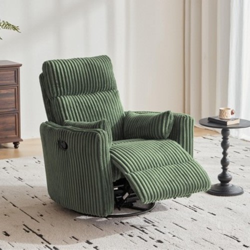 360 Swivel Rocker Recliner - Corduroy Nursery Glider Rocking Chair with 2 Pillows Green 36"D x 34"W x 41"H