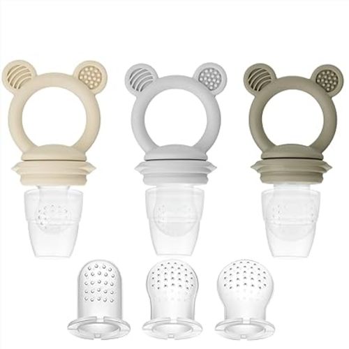 PandaEar 3 Pack Baby Fruit & Food Feeder Pacifier, Silicone Feeder Pacifier with 3 Sizes Pouches for Babies Toddlers Infants Kids, BPA-Free Food Grade Soft Safe (Tan/Grey/Brown)