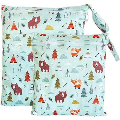 Wet Dry Bag for Cloth Diapers, 2PCS Waterproof Reusable Wet Bag with Zippered Pockets, Washable, Reusable for Travel, Beach, Pool, Stroller, Diapers, Dirty Gym Clothes, Swimsuits, 14x12In & 12x11In