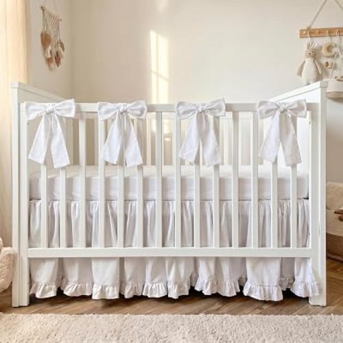 SmoothNovelty White Crib Bed Skirts with 4 Large Cot Bow 28" x 52" Baby Crib Skirt for Boys Girls Nursery Toddler Bedskirt Dust Ruffle 14" Drop