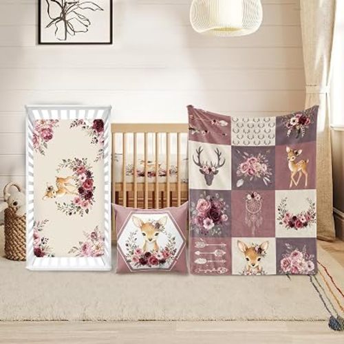 Baby Crib Bedding Set 3 Pcs - Patchwork Deer Crib Bedding Set for Girls - Floral Plaid Nursery Bed Sets Include Soft Blanket Dotted Back, Fitted Sheet, Pillowcase for Newborn Infant Shower Gifts