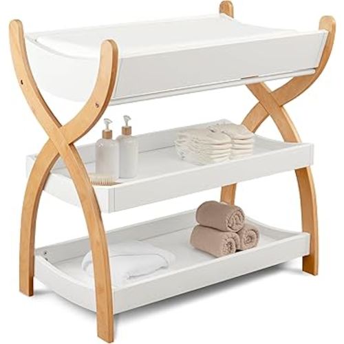 Comfy Cubs Baby Changing Table - Sturdy Wood Construction, Timeless Look Baby Change Table with Two Open Shelves for Infant Daycare Essentials Storage - White with Natural Wood Legs