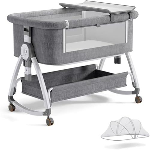bonbay Baby Bassinet, Bedside Bassinet for Baby, 4 in 1 Portable Bassinet Bedside Sleeper with Wheels Mosquito Net & Storage Basket, 6 Height Adjustable Rocking Bassinet for Newborn Baby