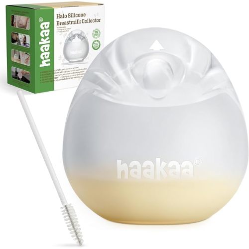 haakaa Halo Silicone Breast Milk Collector - Wearable Manual Breast Pump for Breastfeeding, Hands Free Reusable Breast Milk Shells with Cleaning Brush - 3oz/90ml, 1 Count