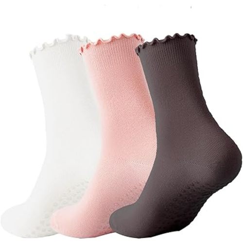 3 Pairs Pilates Socks with Grips Non-slip Ruffle Yoga Sock Grip Sock for Women
