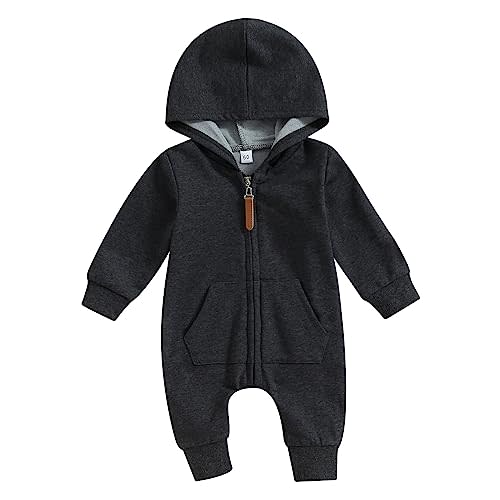 DNOMAID YZARC Infant Baby Boy Girl Clothes Solid Hoodie Romper Zip Up Long Sleeve Hooded Jumpsuit Coverall Fall Winter Outfit