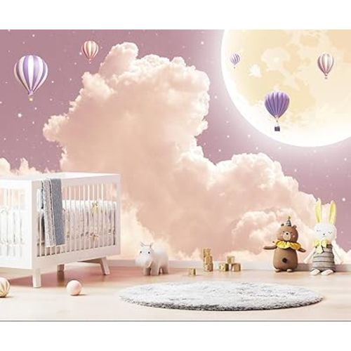 Pink and Purple Clouds Wallpaper Hand-Painted Hot Air Balloons Moon Wall Mural for Children's Room Girls Room (Not Peel and Stick)